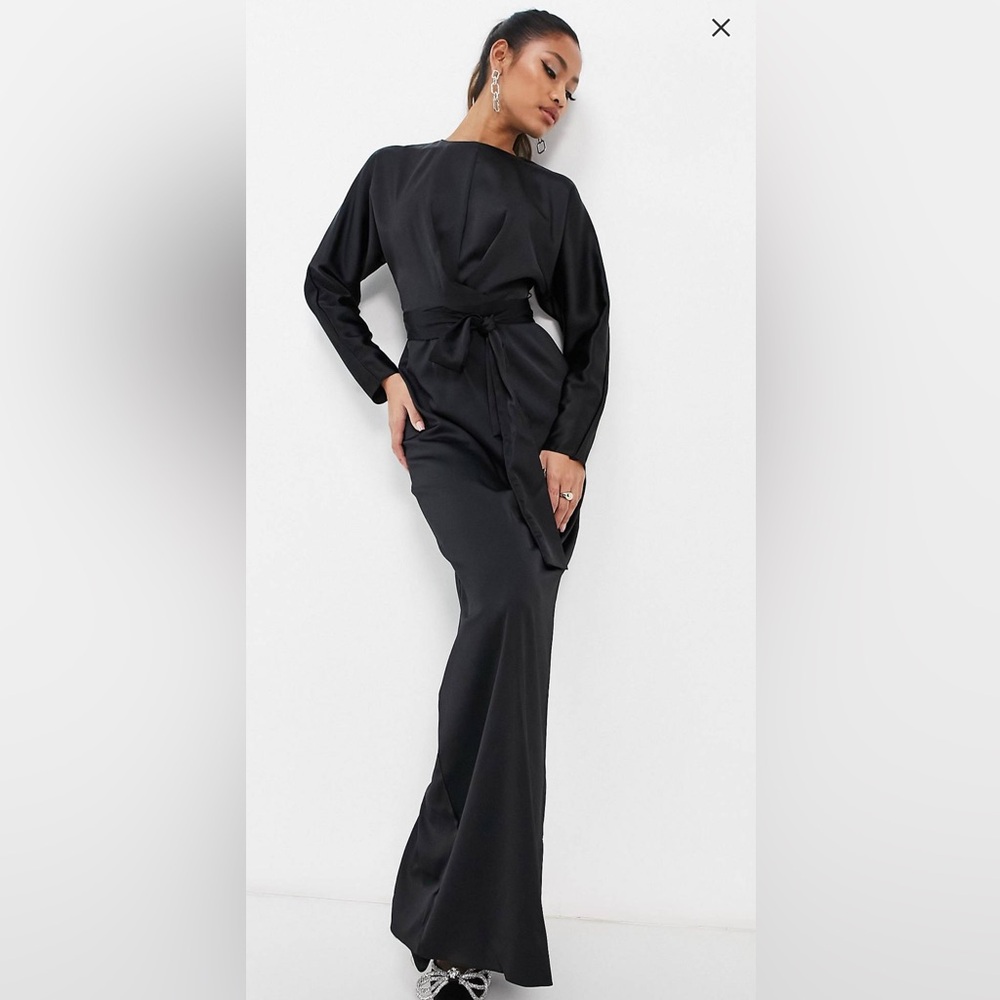 Black maxi tie in the front satin dress with a slit in the back. Only tried on.